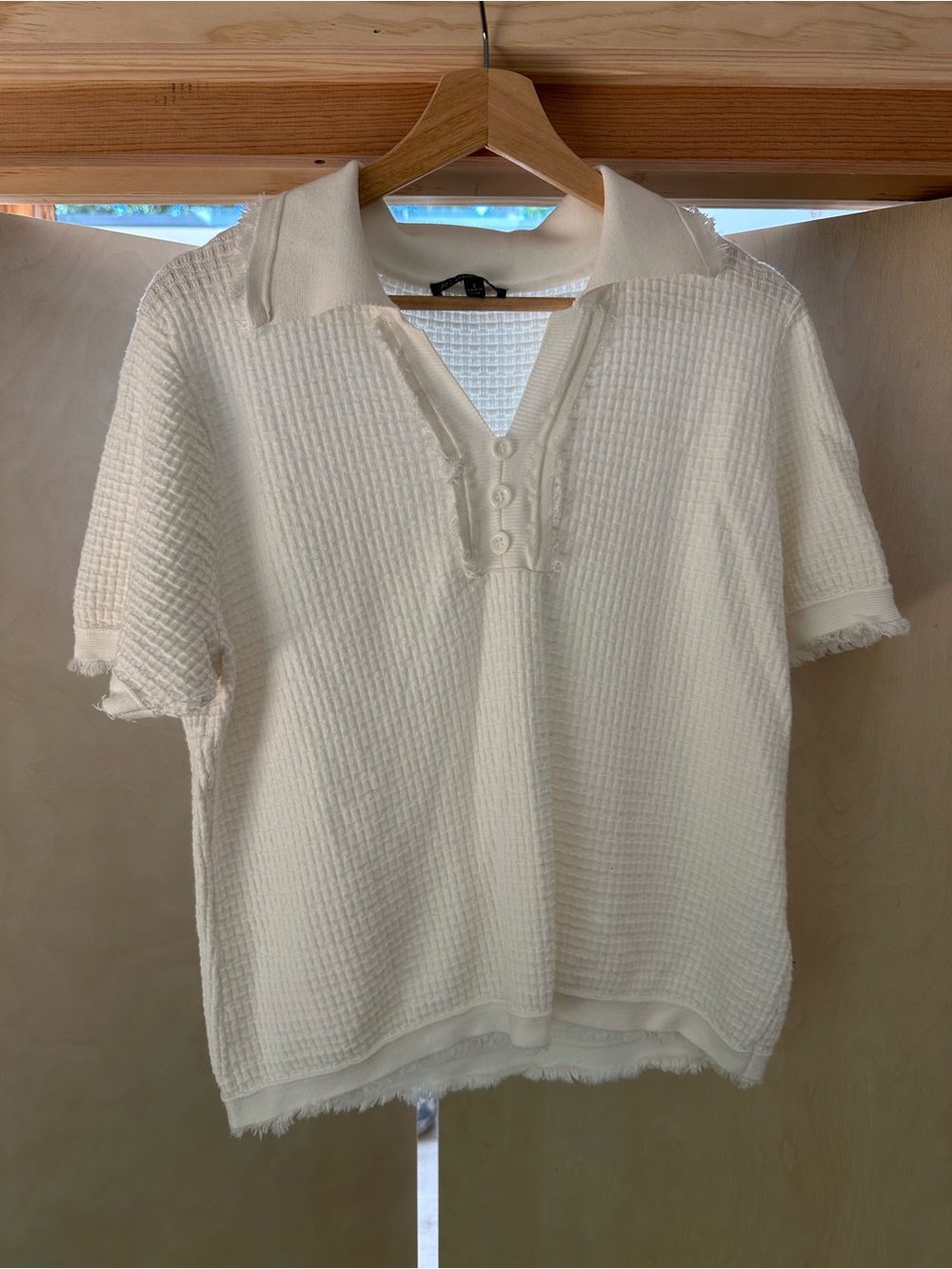 Coastal Cream Waffle Knit Button-Front Polo Top
